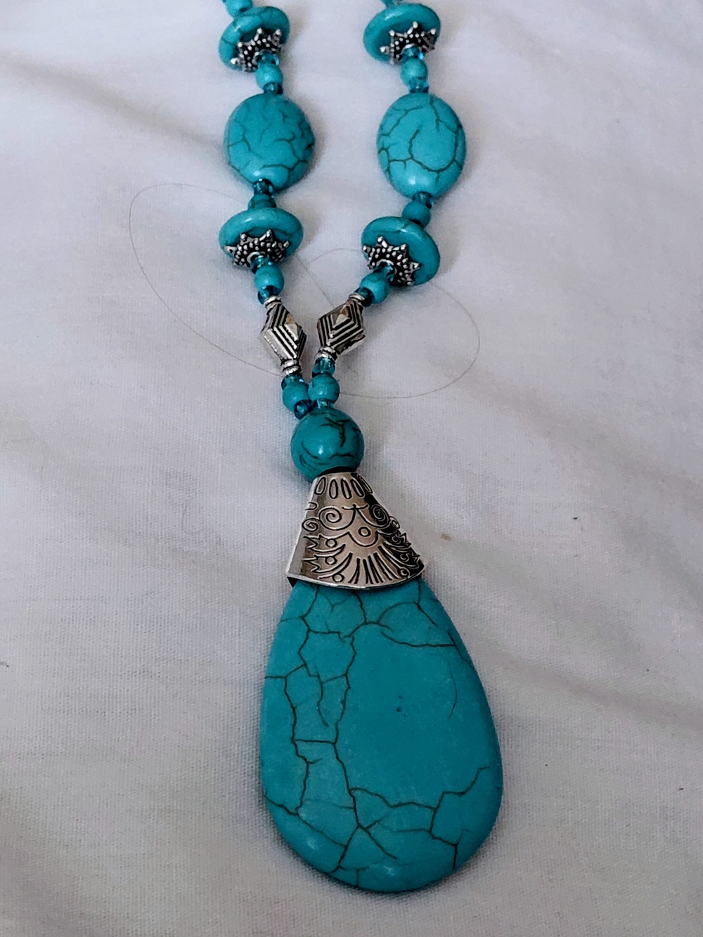 Imitation Turquoise Teardrop Pendant Necklace with Silver Accents